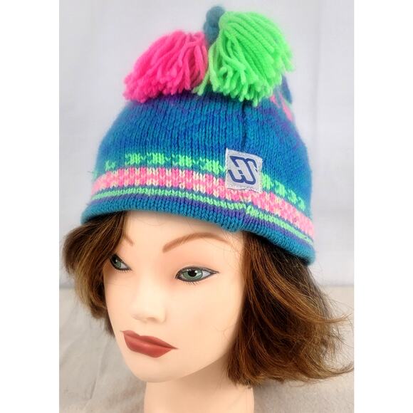 Vintage Murray Markley Wool Knit Ski Hat Neon Tassel Beanie Canada 80s 90s - Picture 1 of 9